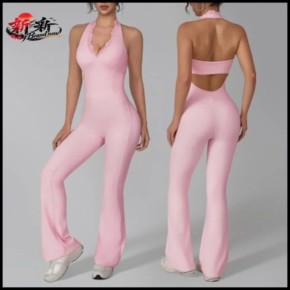 Nylon Spandex Workout Jumpsuit with Halter Neck and Backless Design